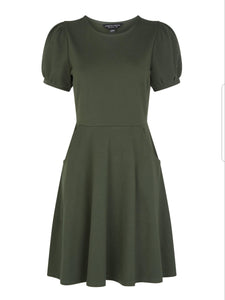 Khaki Dress with Puff Sleeves