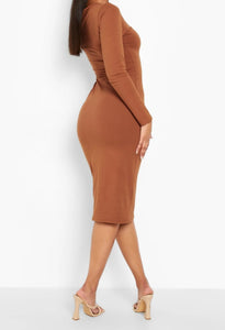 Brown Long Sleeve Midi Bodycon Dress