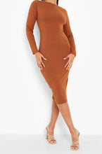 Brown Long Sleeve Midi Bodycon Dress