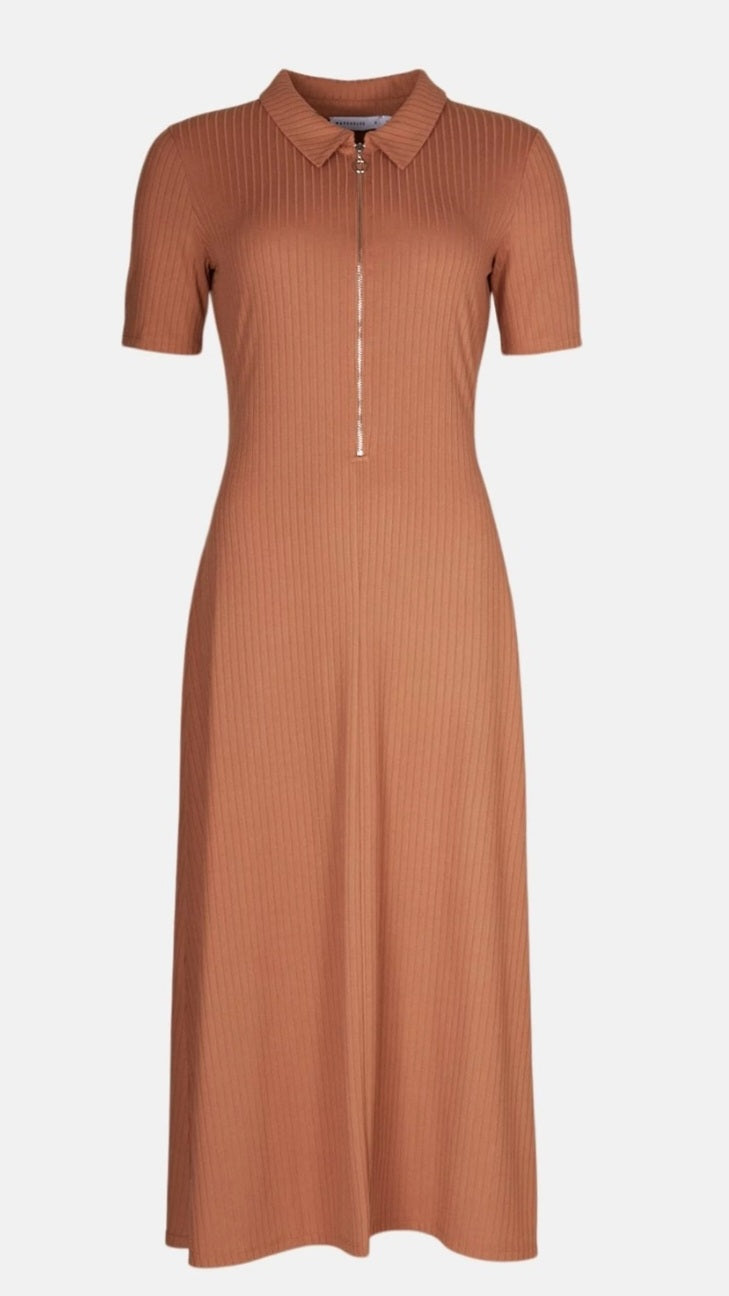Tan Zip Collared Midi Dress