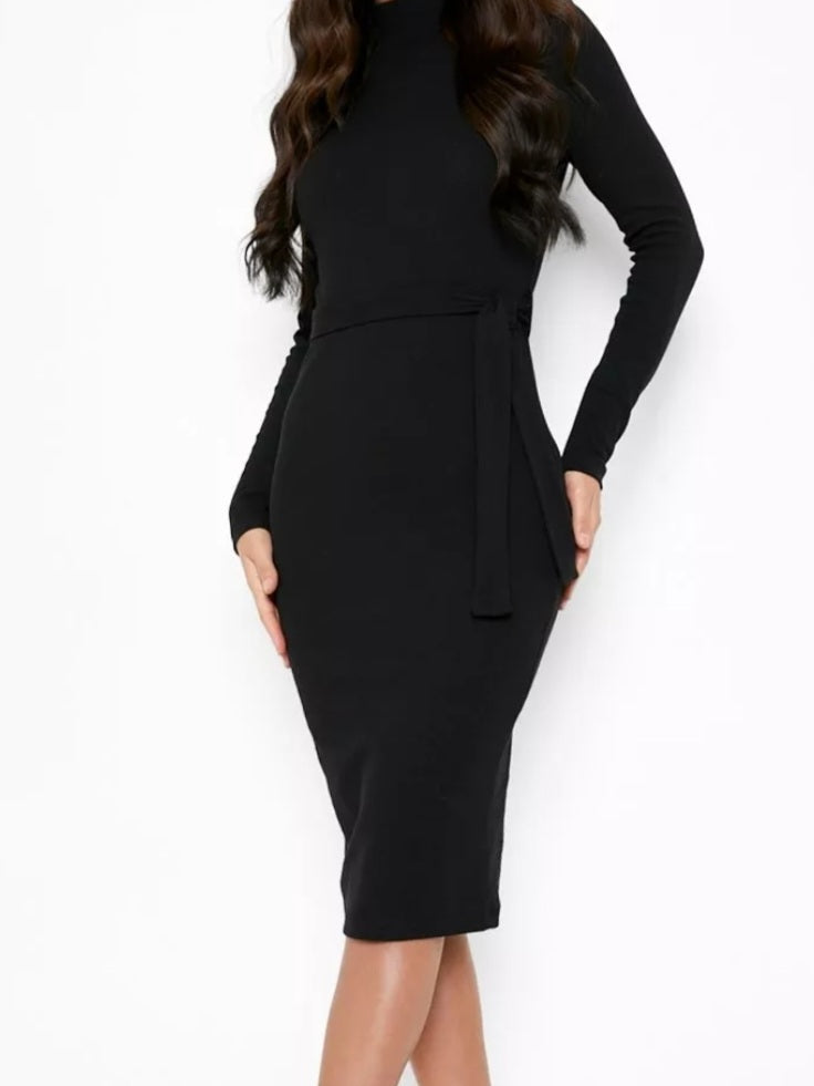 Belted Black Midi Dress